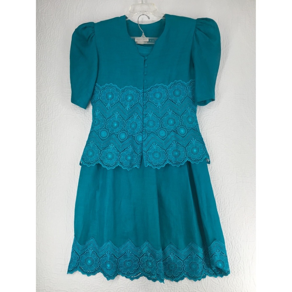 Vintage Digna Yero Linen and Lace Midi Skirt Set Size 10 Lined Teal